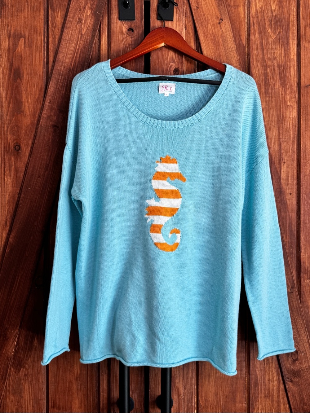 Sky Blue Sweater with Orange & White Seahorse Motif